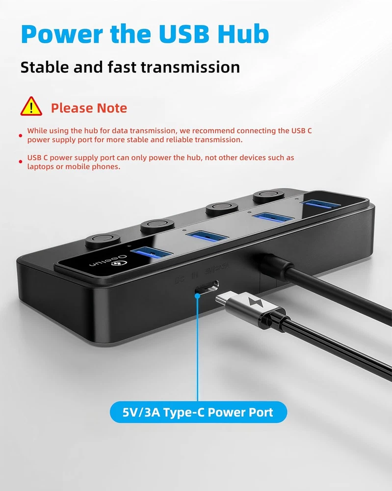 Qeefun 4-Port USB 3.0 Hub with LED Power Switches & 2Ft Extension Cable 5V Power Adapter