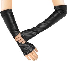Women's Long Fingerless Leather Gloves Opera Mittens Gloves for Proms Party