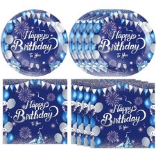 Blue Party Decorations for Men Boys - Tableware Set With Paper Plates Napkins...
