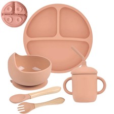 5Pcs/Set Baby Soft Silicone Tableware Kid Feeding Dishe Sucker Plate Bowl Spoon