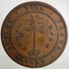 1890 Ceylon 5 Cents Coin | Fine Collectable Grade