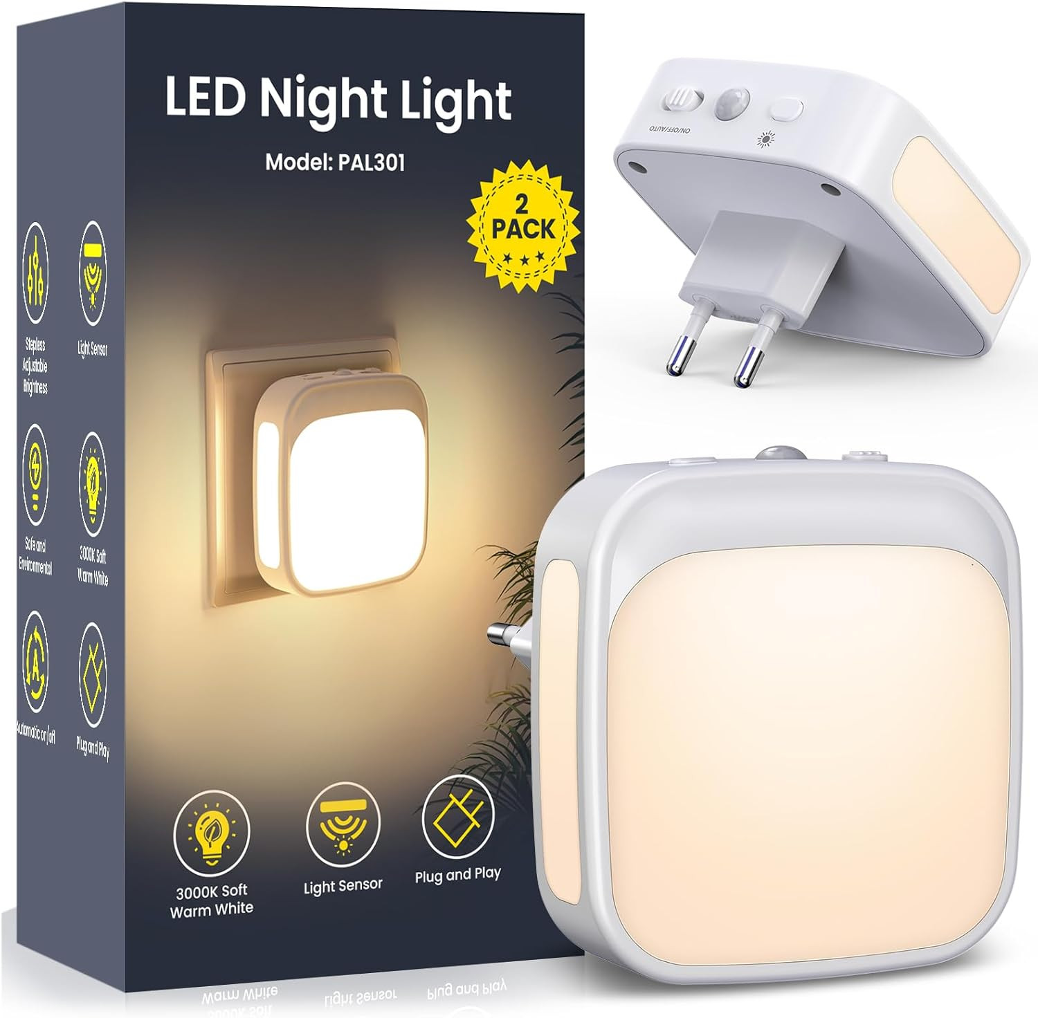2 Pezzi Luce Notturna Bambini da Presa con Sensore Crepuscolare Intelligente