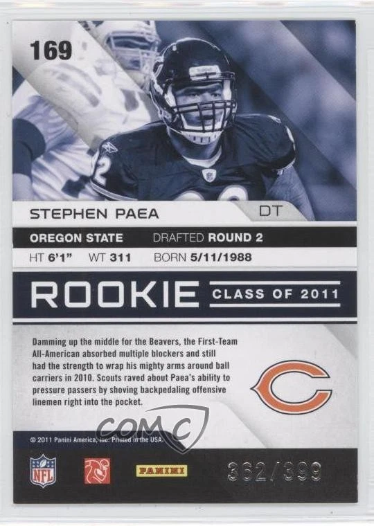 2011 Panini Absolute Memorabilia Rookie /399 Stephen Paea #169 Rookie RC - Image 2 of 2