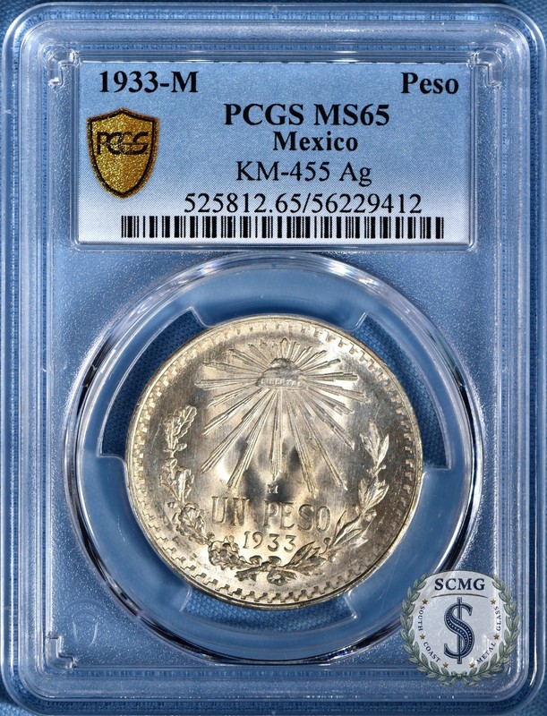 1933-Mo Mexico Silver Peso PCGS MS65 - Silver & Bronze Gem Luster!