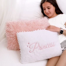 Set of 2 Decorative Pillows for Room. White Fluffy Princess Embroidered and F...
