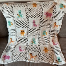 Vintage Crochet Baby Blanket Sweet Retro Colorful Animals Granny Kitschy