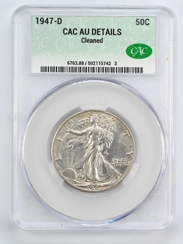 Certified 1947-D Walking Liberty Half Dollar CAC AU details Silver 50c