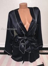 Victoria's Secret Classic Navy Dark Blue White Satin Tie Waist Jacket Robe - M