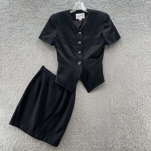 Vintage 80er Jahre Scaasi Rock Anzug Damen 4 schwarz tailliert Schößchen Rock Kurzarm Blazer