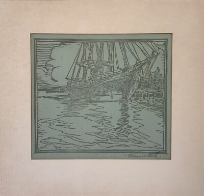 William H Wilke Vtg Antique Signed Print, Ship In Harbor, RARE, San Fran. Artist