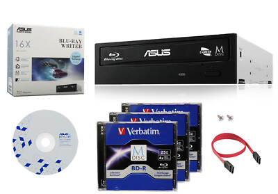 ASUS 16X Blu-ray Burner+FREE 3pk MDisc BD+SW+SATA Cable Optical Internal Drive