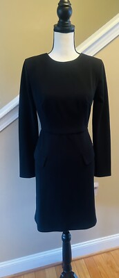 Donna Morgan sheath dress women black long sleeves Sz#4 midi flap pockets front