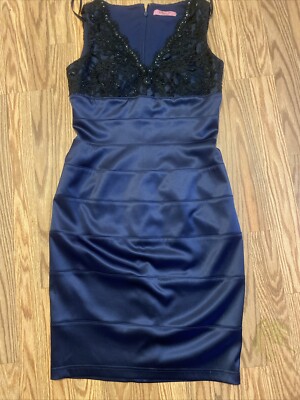 Eliza J Blue Black Beaded Sequins Bedazzled Sleeveless Lined Bandage Dress 