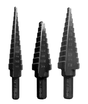 3 Piece HSS Step Drill Bit Set #1, #3, #4 Black 3 Flat Shank Drill Steel Metal