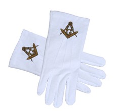 Masonic Regalia - Standard Gold Style Compass Face Cotton White Gloves