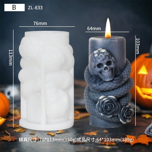 Stampo per candele 3D stampo in silicone Halloween fusione di candele fai da te stampo teschi e serpente - Foto 5 di 11