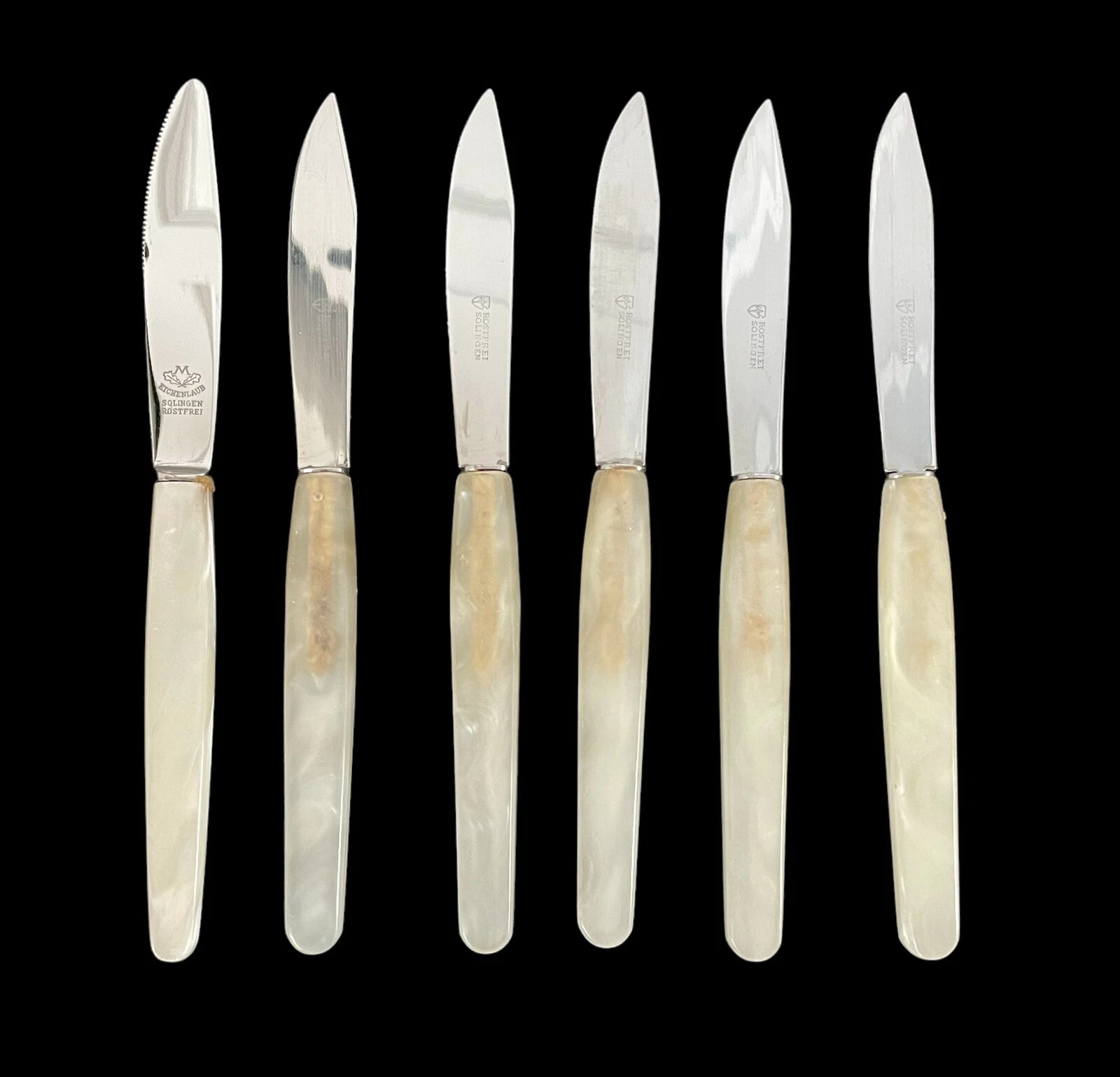 Eichenlaub Mother of Pearl Handle Serrated Steak Knives. Set of 6. Germany