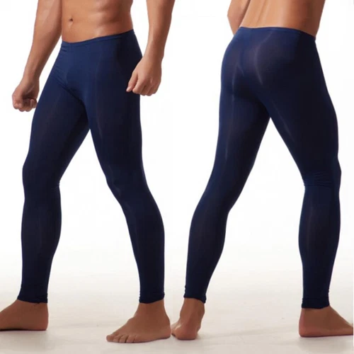 Men Sexy Ice Silk Leggings Sheer See-through Slim Tight Long Johns Trousers - Picture 4 of 33