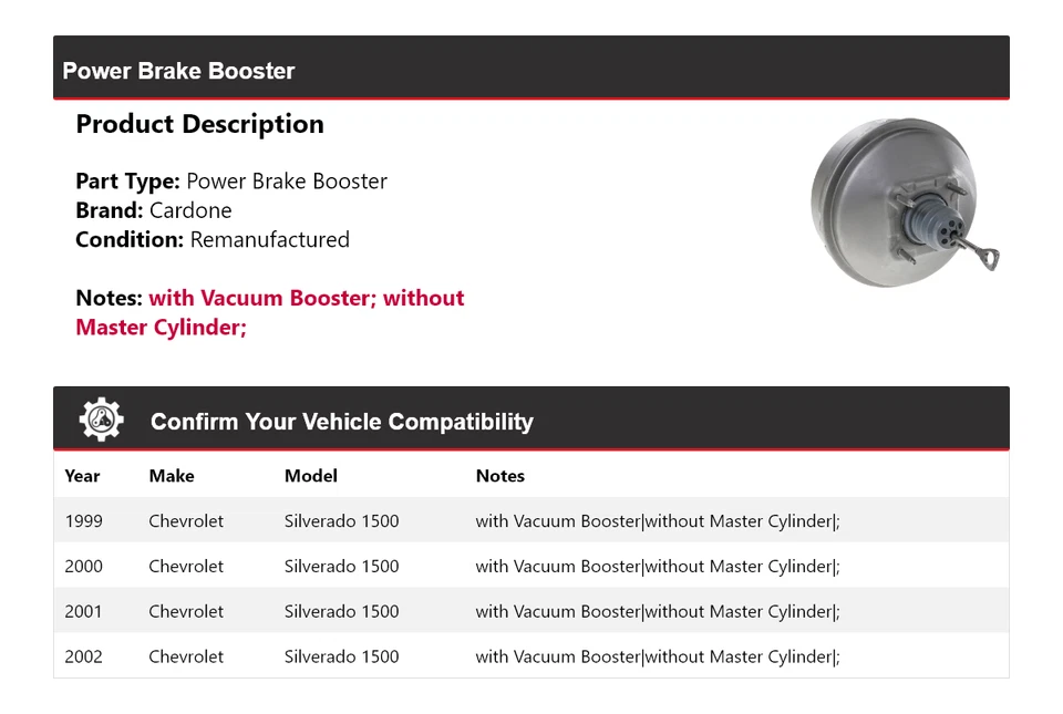 Para Chevrolet Silverado 1500 1999-2002 Power Brake Booster Cardone 2000 2001 Foto 2 de 4