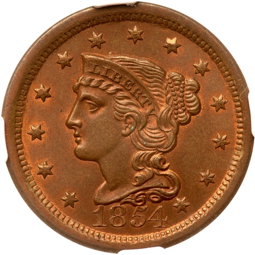 1854 N-3 NGC MS 65 RB Braided Hair Large Cent Coin 1c