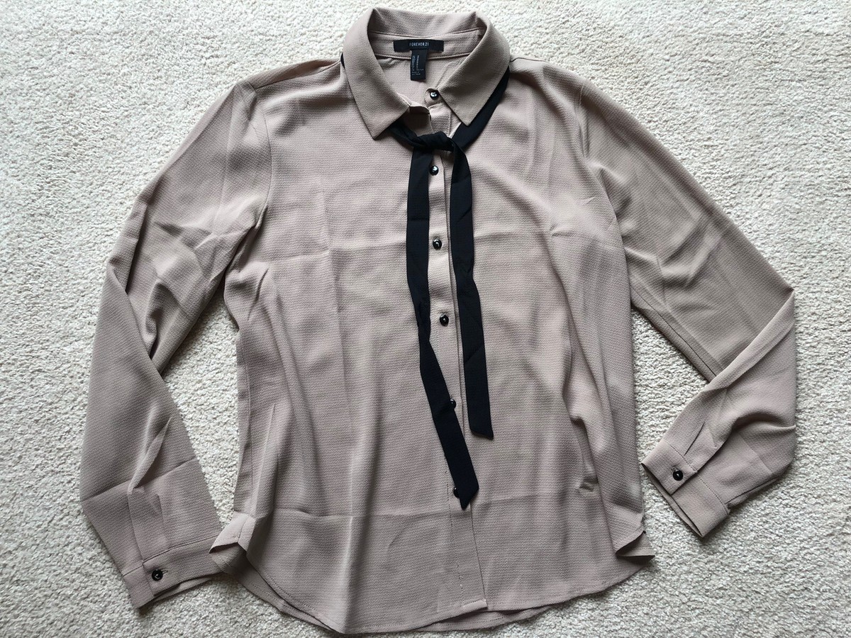 Forever 21 Women Taupe Long Sleeve Button Down Tie Collared Blouse