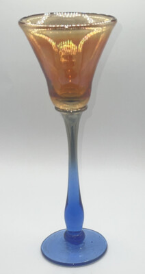 Rick Strini Signed Art Glass Tulip Goblet-Tall Iridescent Orange & Blue 10.75 