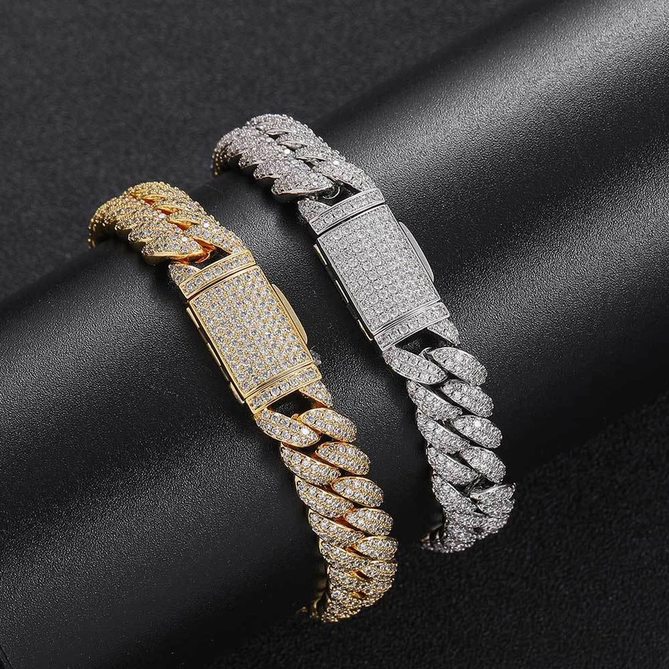 Brazalete de cadena de eslabones cubanos para hombre chapado en oro de 18 quilates de acero inoxidable cadena de circonita helada Foto 4 de 4