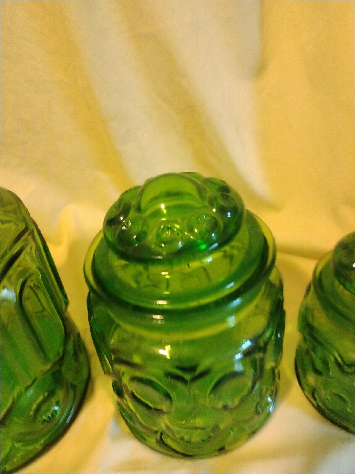 FaB SET 4 MCM L.E. LE Smith Moon & Stars GREEN Glass Canisters wLids MID CENTURY