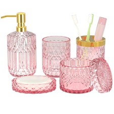 Pink Bathroom Accessories Set, 5Pcs Clear Glass Pink Bathroom Decor with Loti...