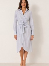 ASTR The Label Blue White Striped Wrap Shirt Dress XS Tie Waist Midi 0743