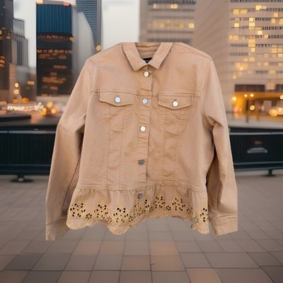 Susan Graver Jeans Jacket NWOT  Size Large Stretch Denim Peach    Embroidery 