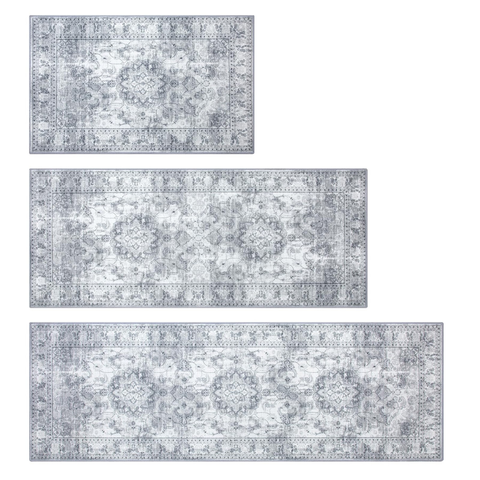 Grey Non-Slip Kitchen Rugs Set of 3 with Runner