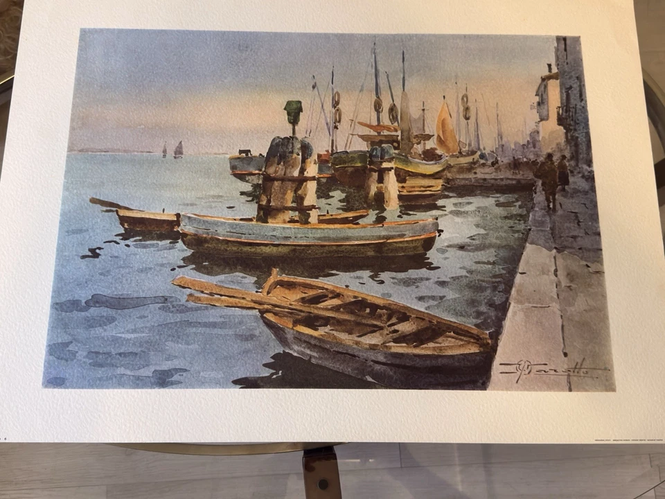 Pintura en acuarela de la escena de barcos de puerto Foto 4 de 4