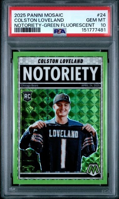 2025 Panini Mosaic Notoriety Colston Loveland Green Fluorescent /10 PSA 10 💎💎