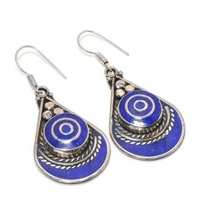Natural Lapis Lazuli Gemstone Ethnic Earrings 925 Sterling Silver Boho Jewelry