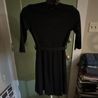 Black Solid A-Line Knee Length Dress 3/4 Sleeve Round Neck Zip Tie Belt — photo 2