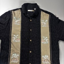 Vintage Rayon Hawaiian Camp Shirt Black Tan Panel Tropical Mens Small