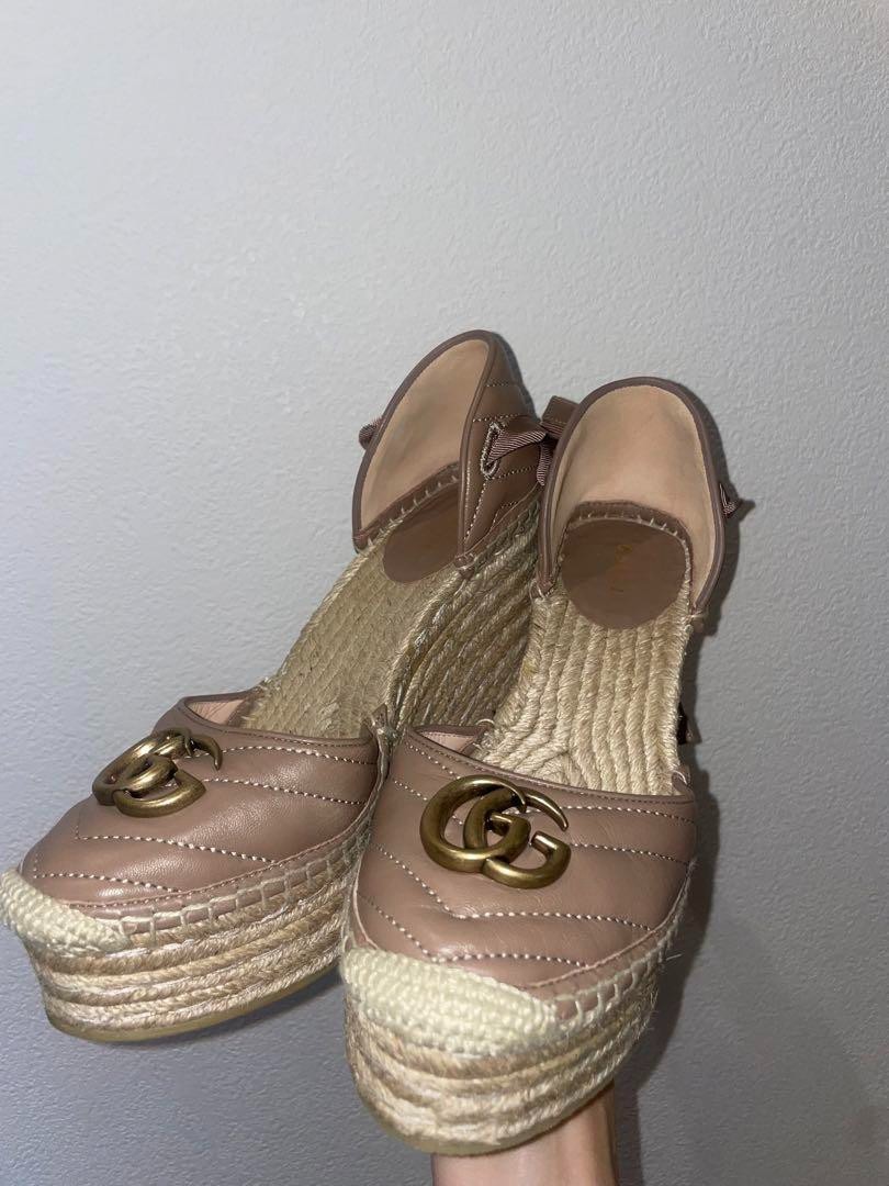 GUCCI GG Marmont Wedge Espadrilles Ankle Wrap Porcelain Rose Size 38 Pre-Owned