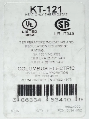 TPI COLUMBUS ELECTRIC KT 121 Heat Only Thermostat 13 AMP 125 VAC KT-121