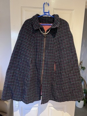 Vintage Cape Jacke 70er Karo kariert grün rot schwarz Tartan Damen L Large