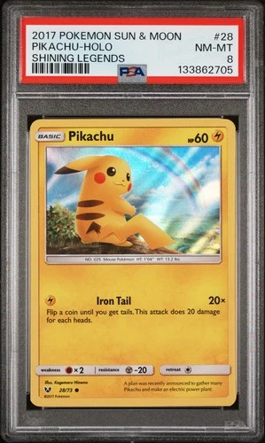 2017 POKEMON SUN & MOON SHINING LEGENDS #28 PIKACHU-HOLO PSA 8