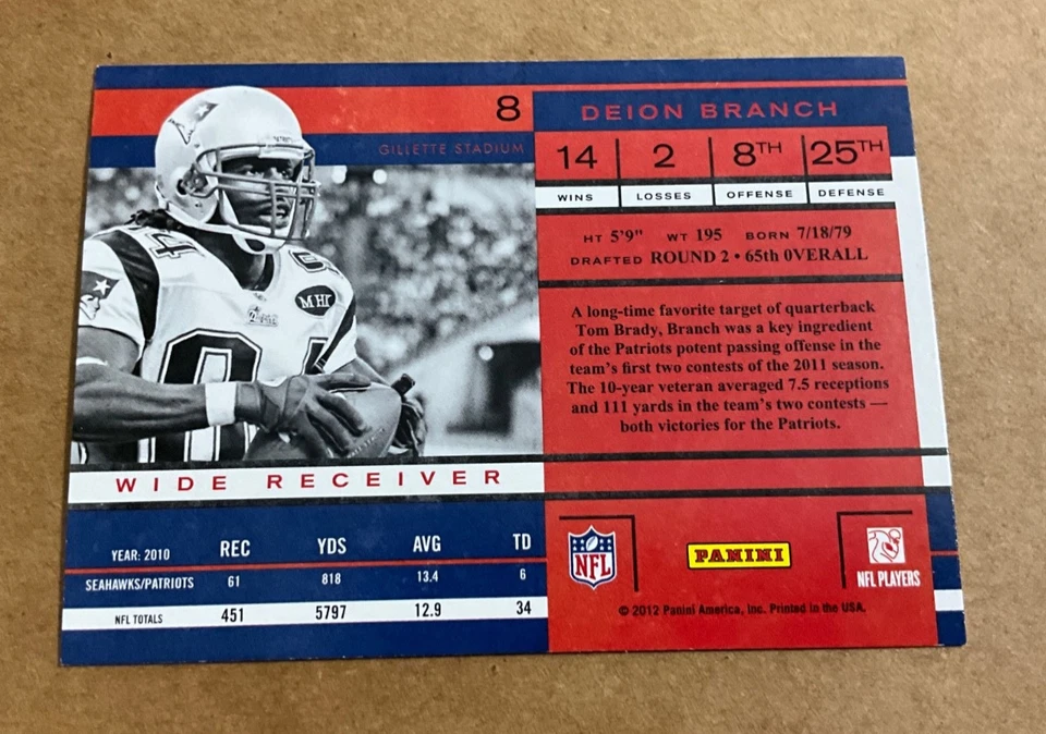 2011 Playoff Contenders # 8 Deion Branch New England Patriots Football - Image 2 of 2
