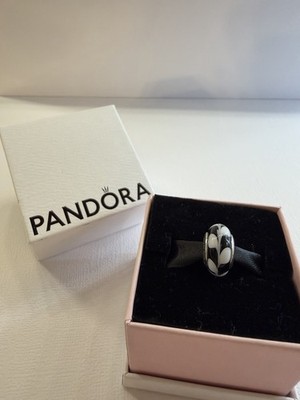 PANDORA Signed Black White Enamel Round Bead Charm Sterling Silver 925