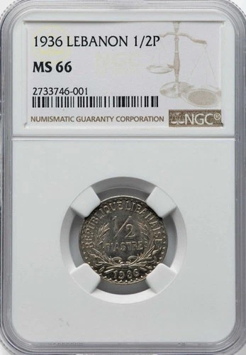 LEBANON , 1/2 PIASTRE 1936 - NGC MS 66  , RARES
