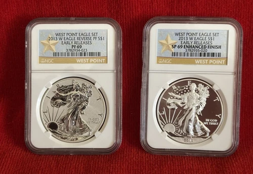 2013 W American Silver Eagle West Point Set Proof & Reverse NGC Two Coins Graded