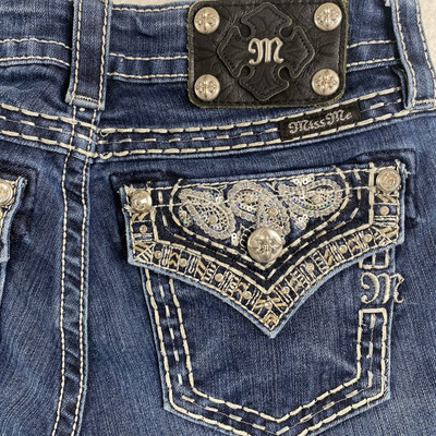 Miss Me Jeans Womens 26 Boot Cut Mid Rise Flap Pocket Dark Wash Stretch 26x33