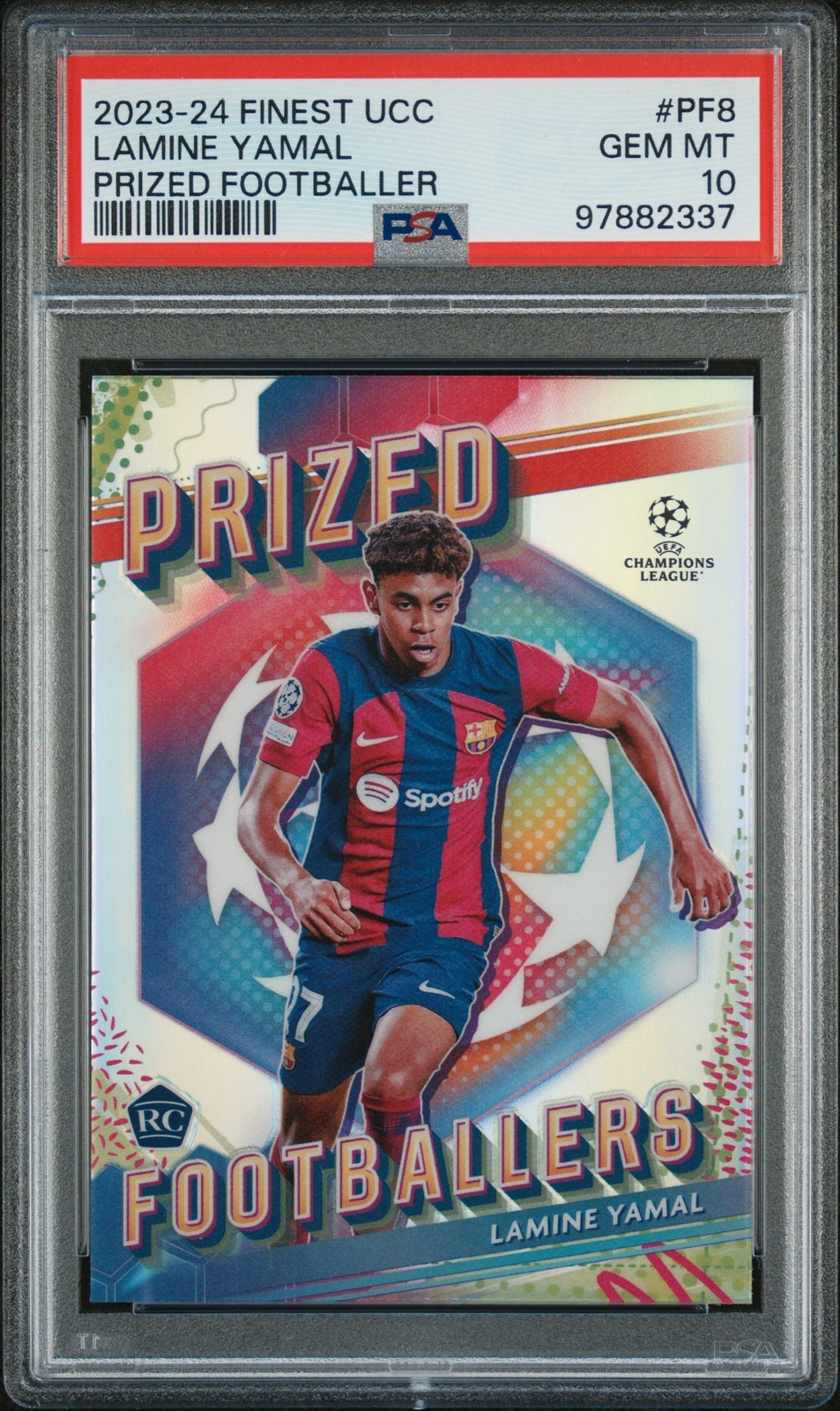 2023-24 TOPPS FINEST UCC PRIZED FOOTBALLERS #PF8 LAMINE YAMAL ROOKIE RC PSA 10 view 1