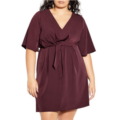 City Chic Knot Front A Line Mini Dress Maroon Size 12 Short Wide Sleeve V  Neck | eBay
