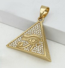 Men Stainless Steel 40 mm CZ Eye Of Ra Pyramid Pendant Gold plated Box