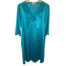 Vintage Vanity Fair 60s Satin Lace Robe Nightgown Women S Teal Button Up USA